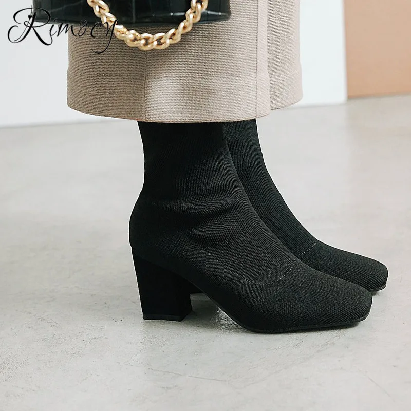 Najtaniej Rimocy dzianinowe buty 2019 wiosna modna skarpeta buty damskie kwadratowe wysokie obcasy buty kobieta do połowy łydki botines mujer slip on botas