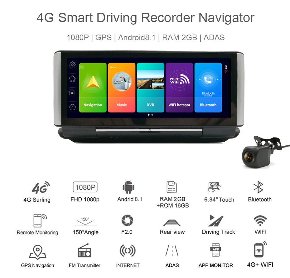 7 inch IPS Car DVR GPS 4G Android 8.1 Dash Camera Video Recorder FHD 1080P RAM 2G DDR 16G Dual Lens WiFi App remote Monitoring truck gps