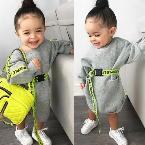 Модное платье для маленьких девочек с длинными рукавами флуоресцентным поясом и