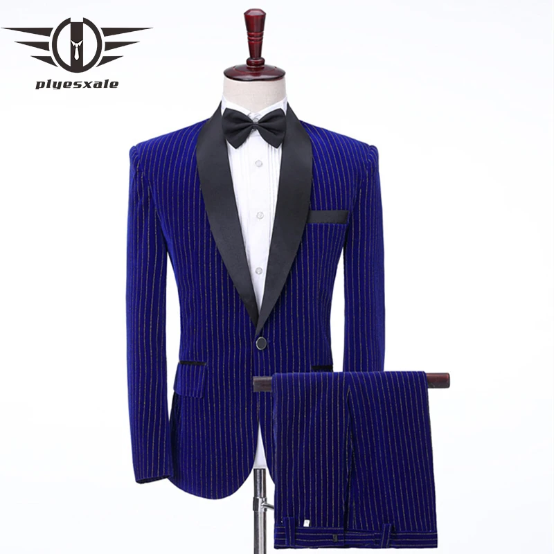 Plyesxale Burgundy Black Royal Blue Striped Suits For Men Slim Fit Mens Velvet Suit 2 Pieces Singer Stage Wedding Costume Q605 | Мужская