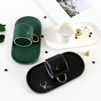 

Nordic with Spoon Cup Saucer Set Ceramics Coffee Stirring Mug Fawn Pattern Milk Breakfast Glass Cake Dessert Tray Home Drinkware