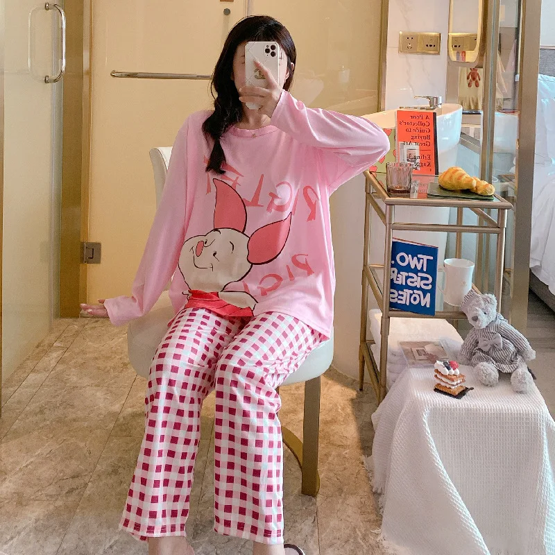 Pajam Cartoon Mickey Minnie Duck Tigger Pajamas Women Spring Autumn Long Sleeve Student Cute Loose Pajamas 2pcs Suit 2