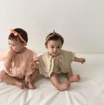 

Baby Bodysuit 2020 Korean Summer Boys and Girls Baby Cotton and Linen Double Collar Lotus Leaf Lace Sleeveless Jumpsuit