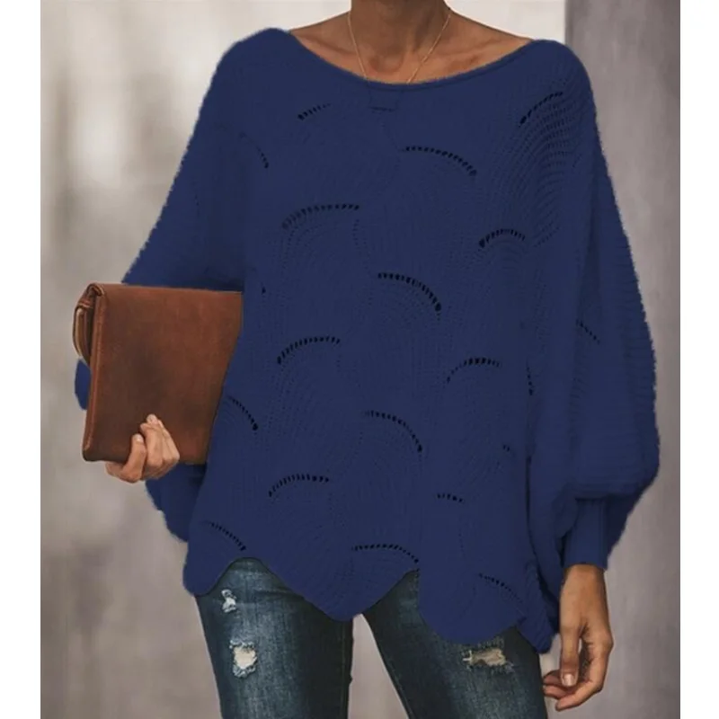 Navy Blue Elsvios 5XL осенний свитер с длинными рукавами и рукавами «летучая мышь» Топы женские Вязанный свитер с вырезами зимние повседневные свободные Необычные пуловеры - Цвет: Navy Blue