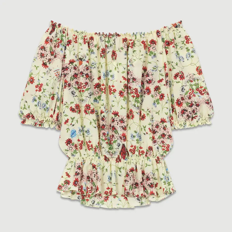 

18 Summer Literature And Art Wind One Word Collar Silk Printing Top Shirt 85088