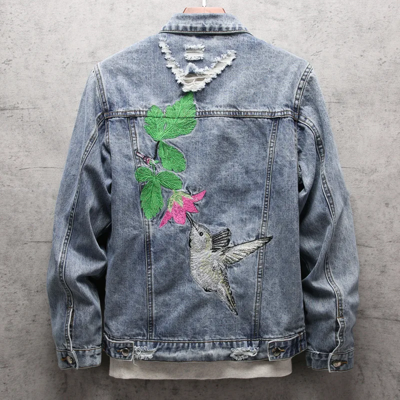 

Men's Jacket Autumn Long-sleeved Lapel Blue Denim Jacket with Old Embroidery Decoration Young Male Streetwear Coat