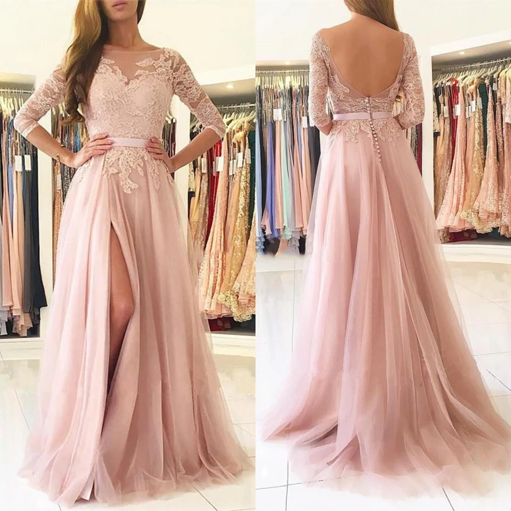 Румяна Розовый сплит длинное платье подружки невесты 2020 Sheer Neck 3/4 рукава