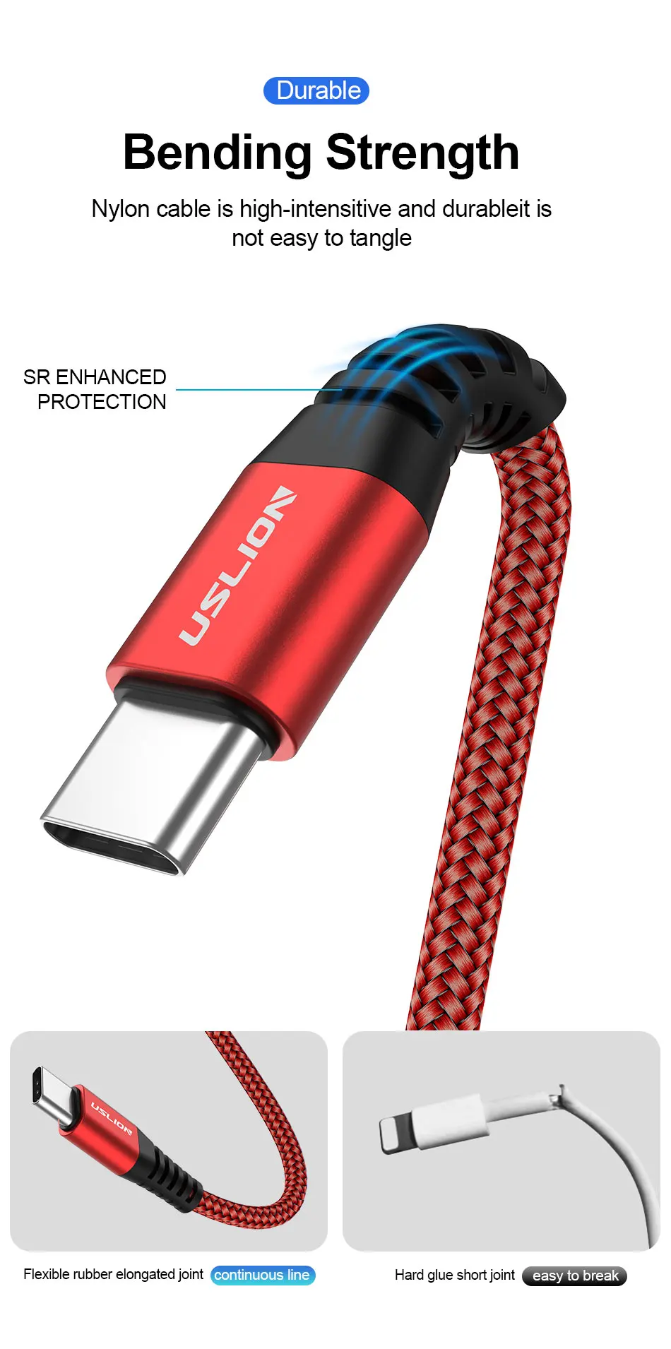 USLION usb type C кабель для samsung S10 S9 S8 A50 Xiaomi Redmi Note 7 3A Быстрая зарядка данных USB-C кабель для мобильного телефона type-C