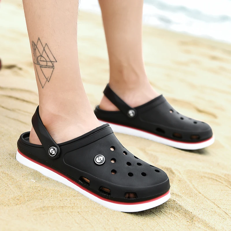 

Hole Soft Casual Slippers Summer Men Outdoor Simple Male Black Sandals Breathable Non-Slip Fashion 39 Shoes Man Wear-Resistant