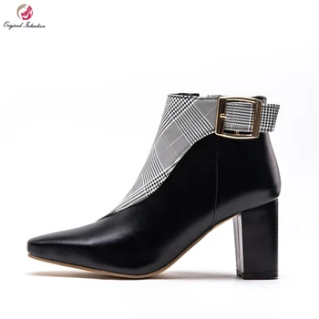 

Original Intention Elegant Woman Square Mid Heels Zipper Ankle Black White Boots Square Toe Concise Shoes Woman Plus Size 4-15