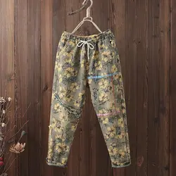 Весенне-осенние женские свободные повседневные штаны-шаровары с эластичной резинкой на талии, с принтом, винтажные хлопковые джинсы