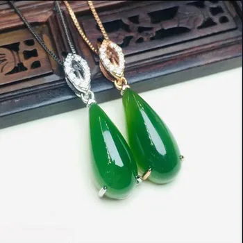 

Real 925 Silver Green HeTian Jade Water Drop Lucky Pendant + Chain Necklace For Women Fine Jewelry