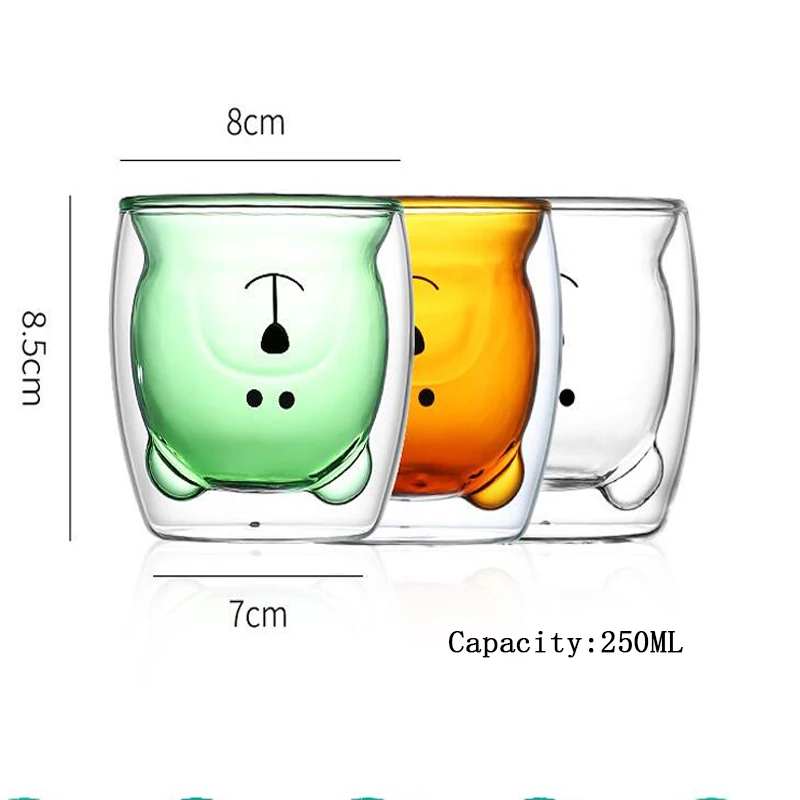 Необычный, прозрачный с двойными стенками Стеклянная чашка с мультяшным медведем, кофейная кружка, чашка с молочным соком, подарок подруге, чашка с кошачьей лапой