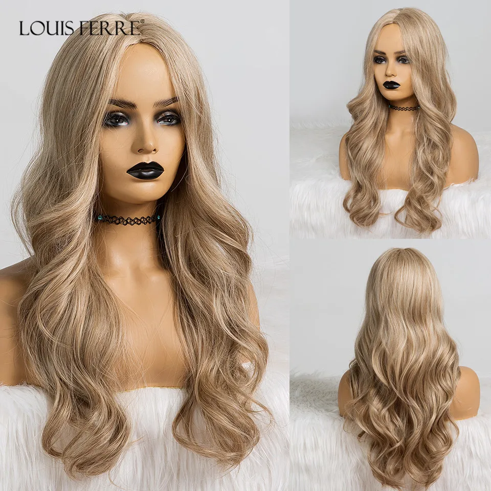 LOUIS FERRE Golden Blonde Synthetic Wig for Women Long Curly Wave Hair Middle Part Daily Light Heat Resistant Fiber |