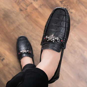 

Men Dress Shoes Genuine Leather Crocodile Pattern Fashion Casual Shoes Men Driving Shoes Soft Slip-On Round Toe Business Shoes