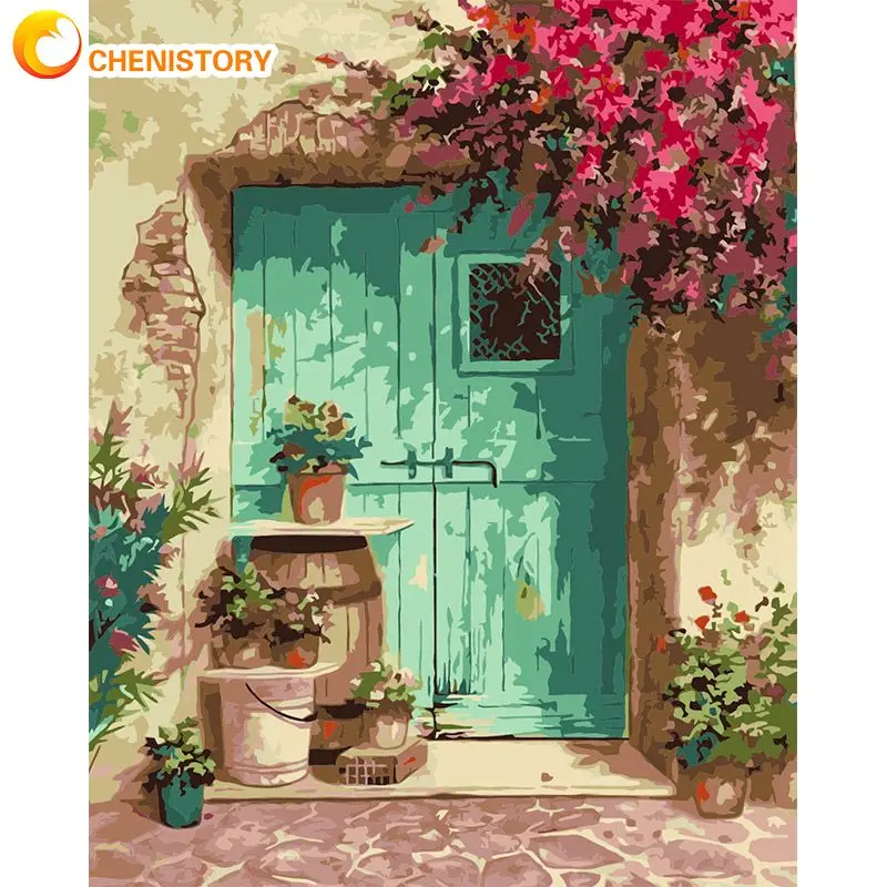 CHENISTORY-Cuadro al óleo pintado a mano por números, puerta azul con flor, pintura acrílica, Color sobre lienzo, pintura para pared del hogar