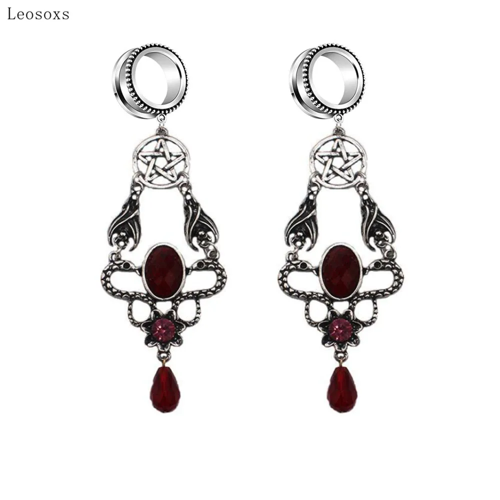 

Leosoxs 2pcs European and American Ancient Double Snake Red Glass Water Drop Pentagram Ear Piercing Jewelry