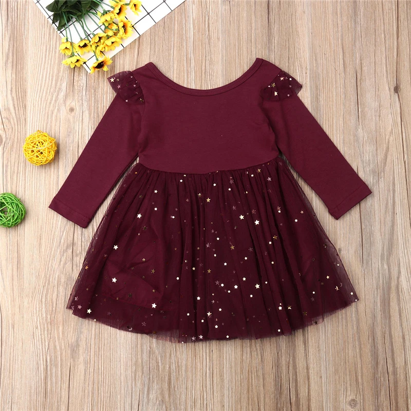 Одежда для маленьких девочек мини-платье с оборками и круглым вырезом и длинными рукавами, кружевное платье со звездами Повседневная Милая одежда на осень - Цвет: Wine Red