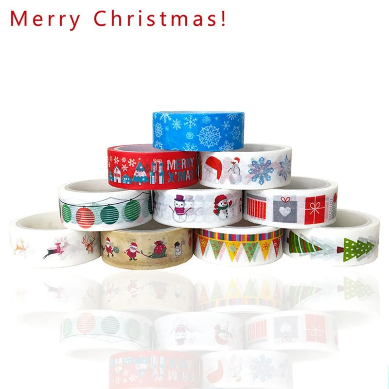 10Pcs Decorative Snow Deer Christmas Tree Washi Tape Set Rice Paper DIY Scrapbooking Adhesive Masking Tape 1.5cm*5m Stationery