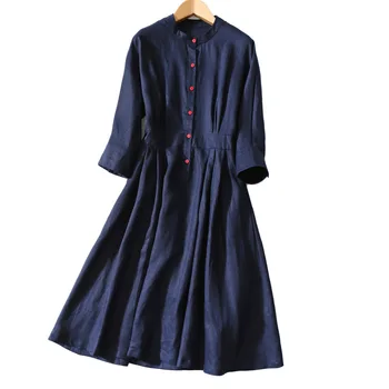

Women Dress Spring New Nordic Simple Literary Fan Stand Collar Linen Dress Women Long Sleeve Long Dress