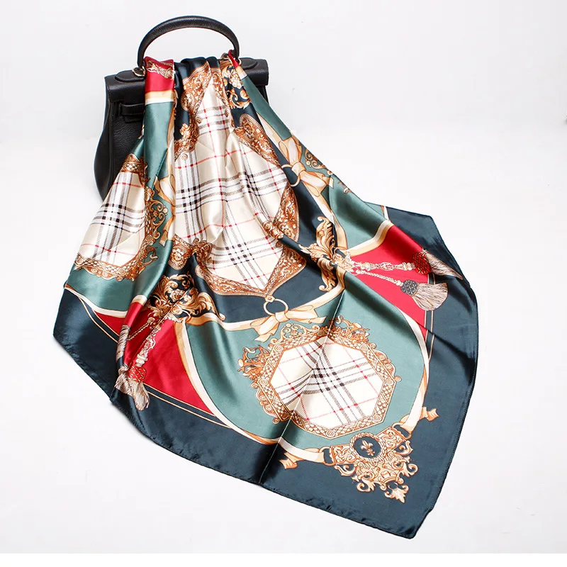 

Scarf female 90cm*90cm simulation silk scarf satin satin B tassel printed silk scarf