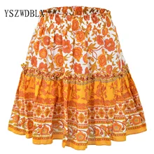 

Casual Women Skirts Hot Sale Above Knee Mini Skirt 2021 Bohemian Floral Print Ruffles A-line Skirts Shirring High Waist Skirt