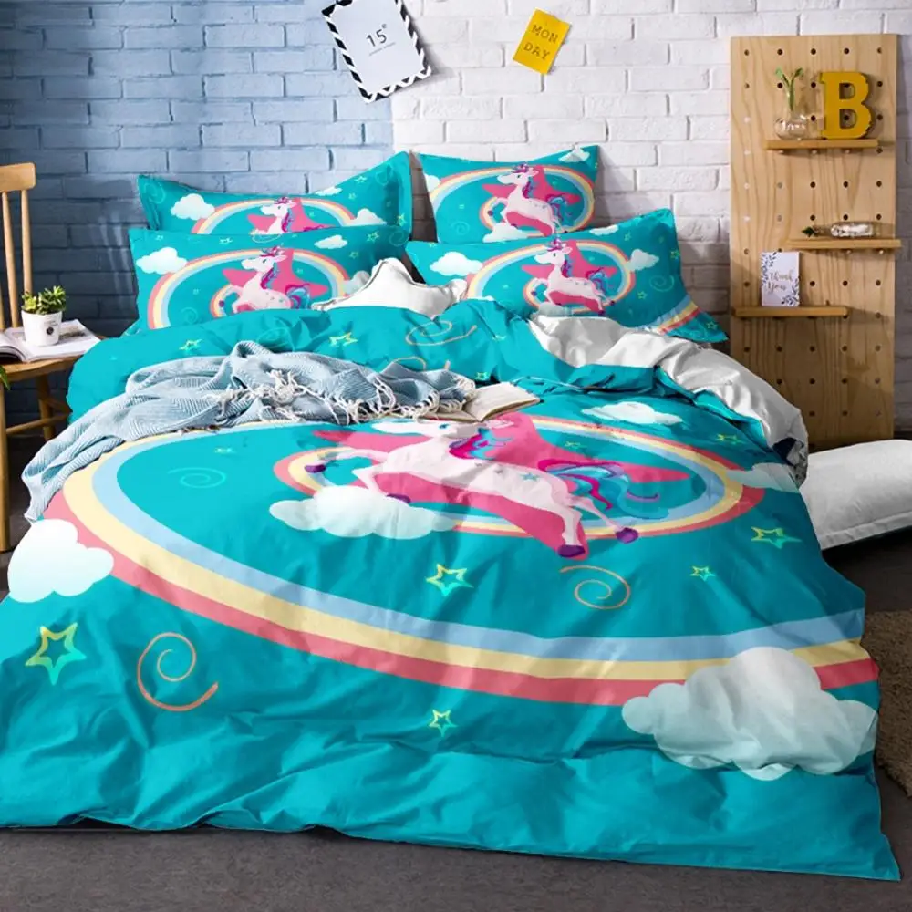 

Cute Unicorn Bedding Set Rainbow Pattern Duvet Cover Set Bed Linen Set AU/RU/US Size for Girls Microfiber Pillowcase Cartoon