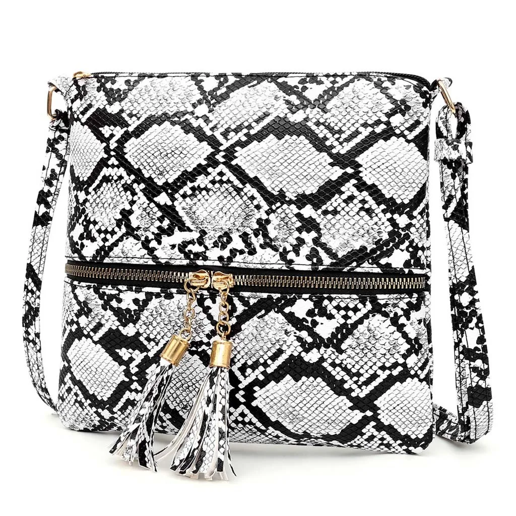 Fashion Women Tassel Snake Printing Zipper Messenger Bag Handbag Shoulder Bag Elegant Small Square Bags#YJ