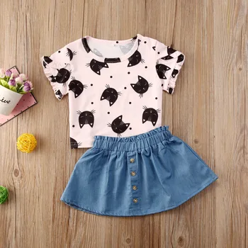 

2020 1-6YKid Baby Girls Clothes Sets Cartoon Animal Print Short Sleeve Pink T Shirts Tops Blue A-Line Skirts