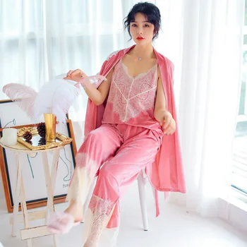 

3 pcs suits women pajamas setsRobe & Gown Sets Lace Bathrobe Gold Velvet Women Sexy Sleepwear Sleeveless Nightwear pjs homewear