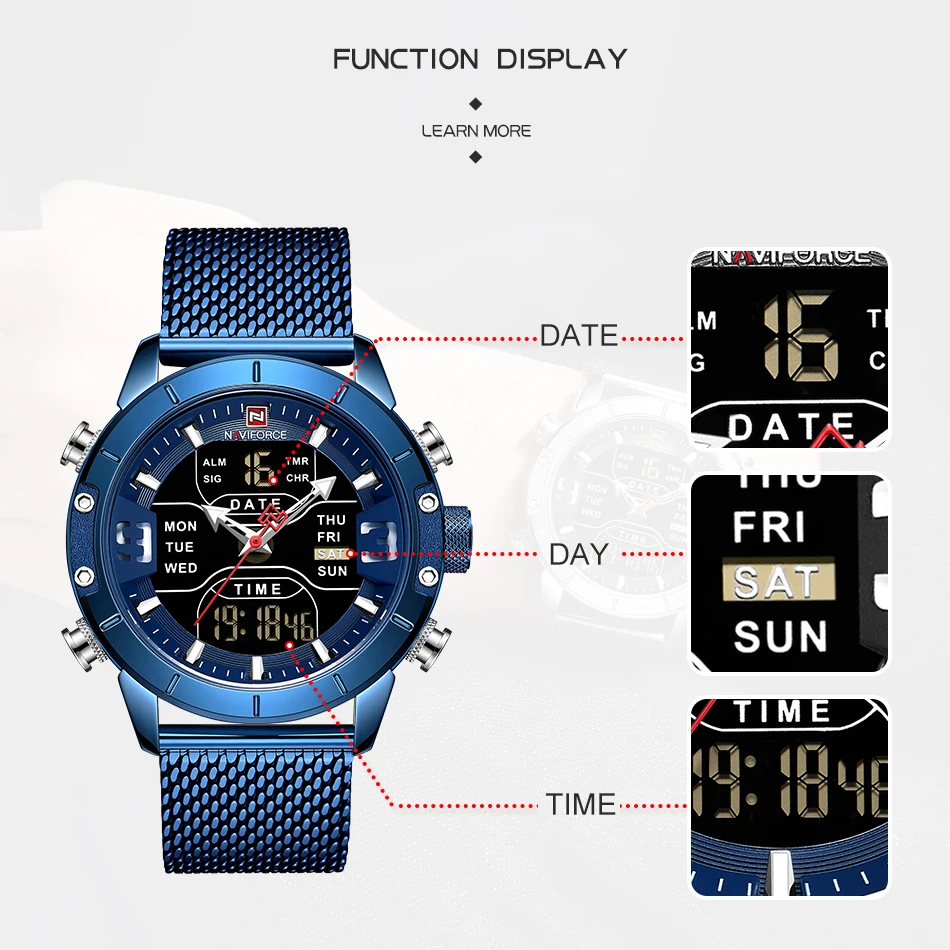 NAVIFORCE Новые Топ люксовый бренд нержавеющая сталь спортивные мужские часы армейские военные двойной дисплей водонепроницаемые часы relogio masculino
