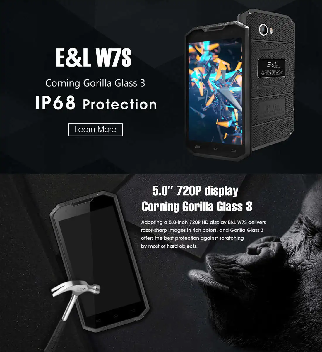  KXD E&L Proofing W7S IP68 Rugged Phone Android 6.0 MTK6737 1.3GHz Quad Core 2GB RAM 16GB ROM 5