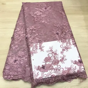 

Pink Yellow African Lace Fabric 2019 Embroidered Nigerian Beaded Laces Fabric.High Quality French Tulle Lace Fabric For Women