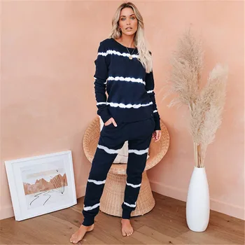 

2020 Loungewear Women Pajama Set Home Wear Striped Print Nightwear Sleepwear Fashion Spring Autumn Long Sleeve Pyjamas Women
