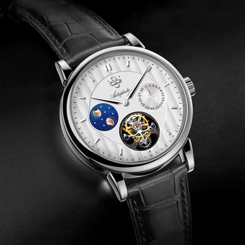 

Big Moon Phase Tourbillon Mechanical Watches Men Sapphire Calendar Clock Real Seagull st8007 Mens Crocodile Leather Wristwatches