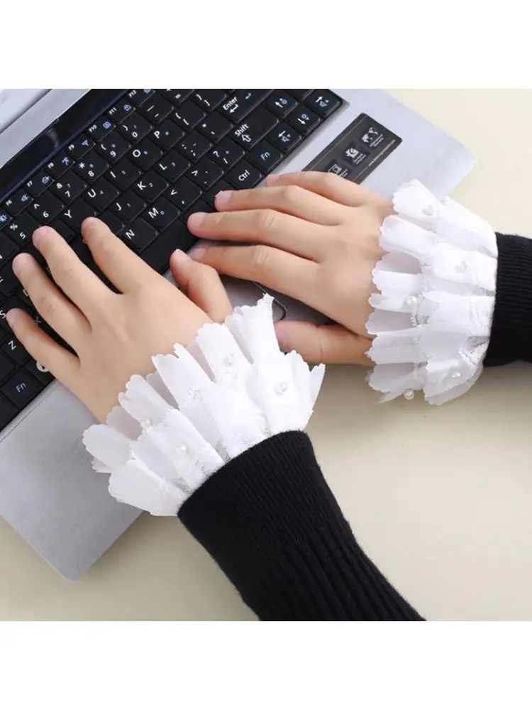 

Korean Ladies Double Layer Detachable Cuffs Chiffon Pleated Ruffles Lace Imitation Pearl Beading Fake Sleeves Sweater Decorative