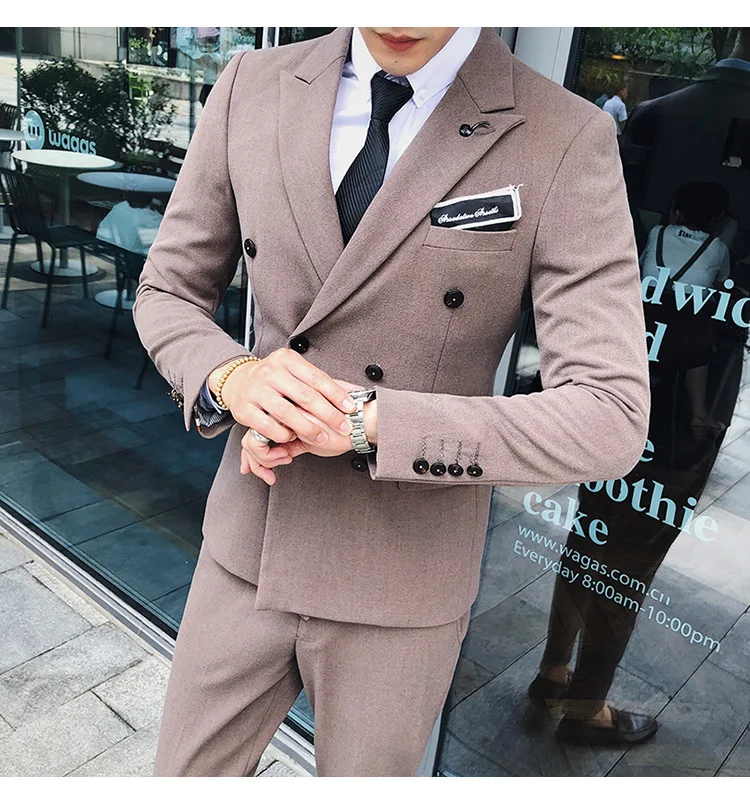 Куртка+ брюки) High-end вышивка одноцветная мужские, повседневные, деловые двубортный костюм 2 предмета в комплекте жениха, свадебное платье, смокинг