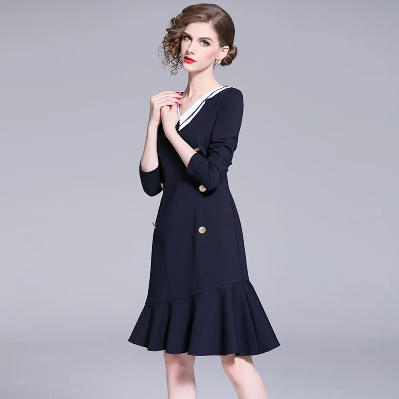 

2019 Autumn New Style by Age Navy Collar Slimming Sheath Short-height Dress Fishtail Skirt Long Sleeve Base Skirt
