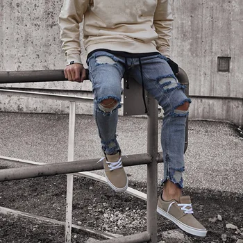 

Men's Fashion Ripped Skinny Distressed Holes Jeans Male Slim Fit Stretch Biker Pants Spring Autumn Denim Trousers 2019 New