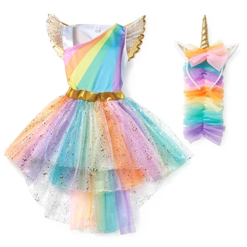 

2020 Girls Rainbow Unicorn Dress Cosplay Angel Prom Costume Kids Tutu Princess Lace Dresses Hair Hoop Wing Set Party Halloween