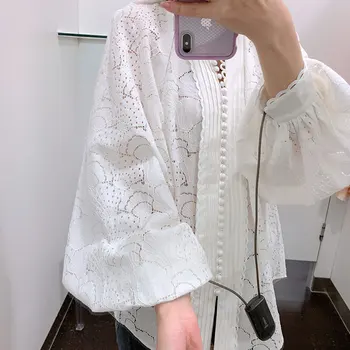

2020 New Women's Blouse V-neck Single-breasted Hollow Out embroidery Long Sleeve Lantern-sleeve Sweet Female Shirt and Top