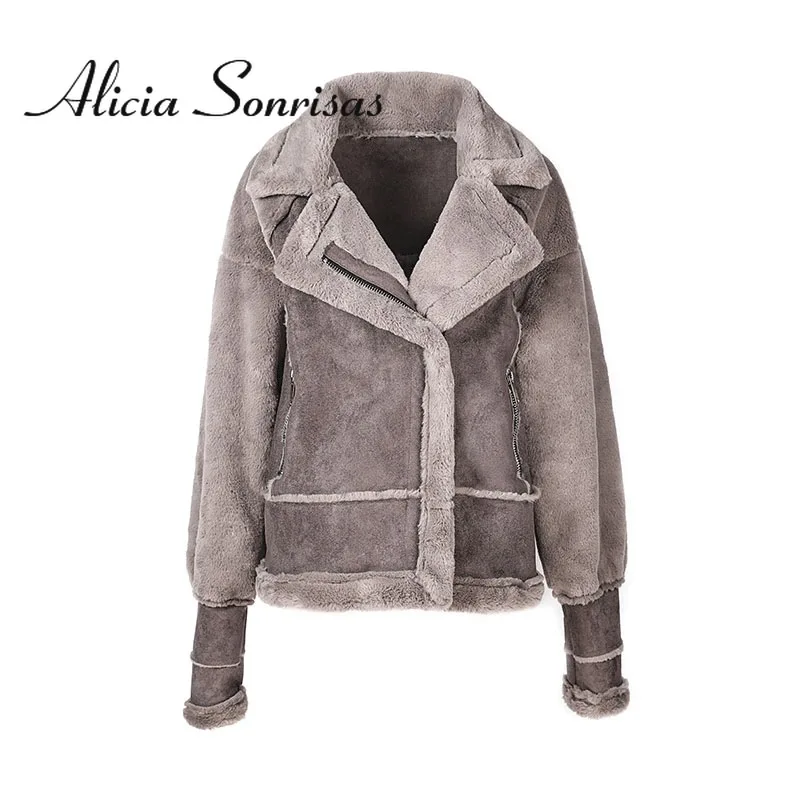 

2021 Winter Autumn Women Faux Fur Lamb Fur Motorcycle Thick Double-faced Warm Solid Coat Long Sleeve Zipper Pocket Casual Jacket