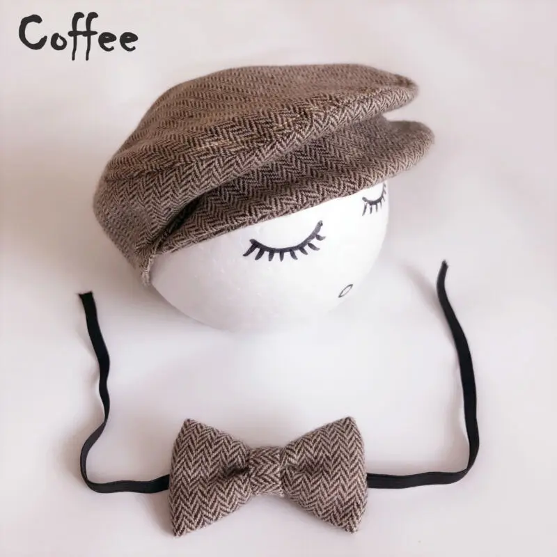Newborn Baby Hat Beret + Bow Tie Set Photography Props