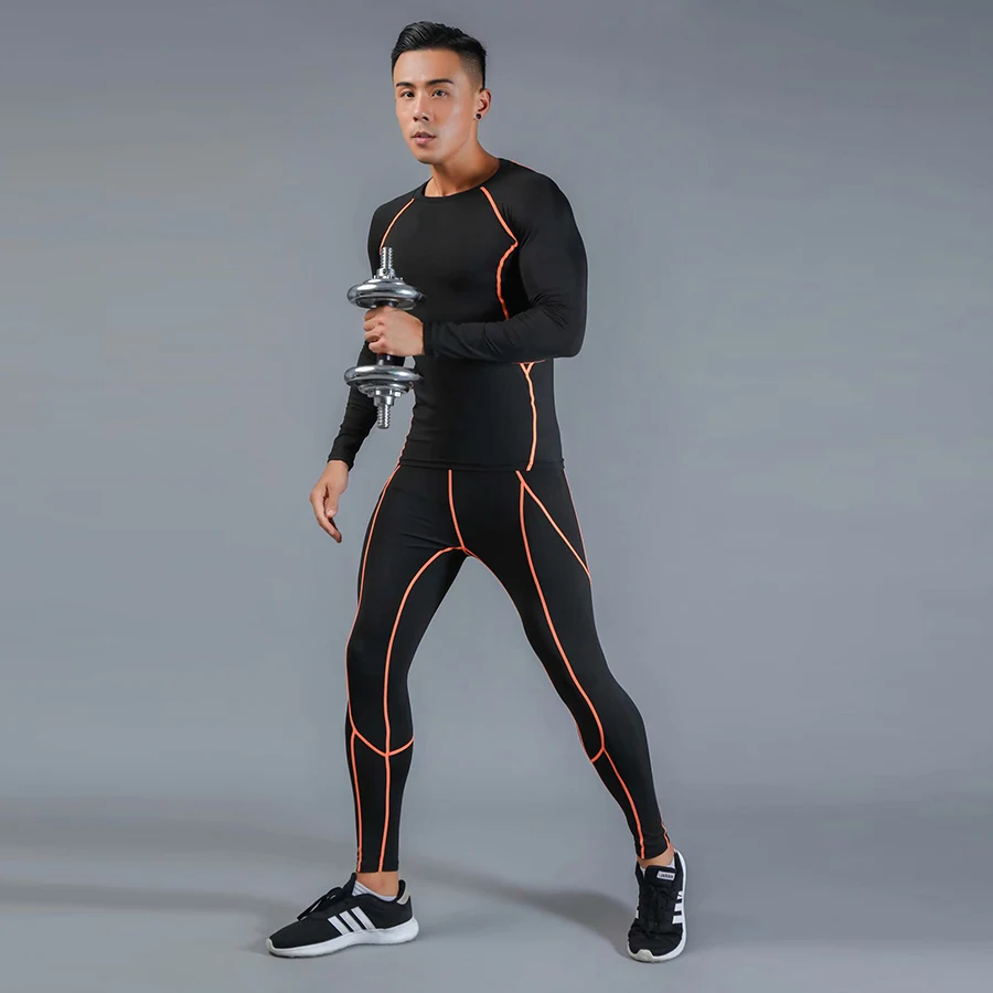 Orange - suit Абсолютно мужской спортивный костюм для тренировок с 3D принтами, плотный компрессионный спортивный костюм для мужчин Рашгард MMA Топ Фитнес Бодибилдинг Спорт Набор - Цвет: Orange - suit