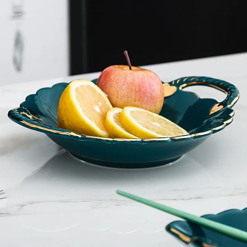 JINSERTA Ceramic Serving Tray Dessert Fruit Snack Nuts Plate Luxury Gold Inlay Salad Sushi Plate with Handle Home Decor Tray