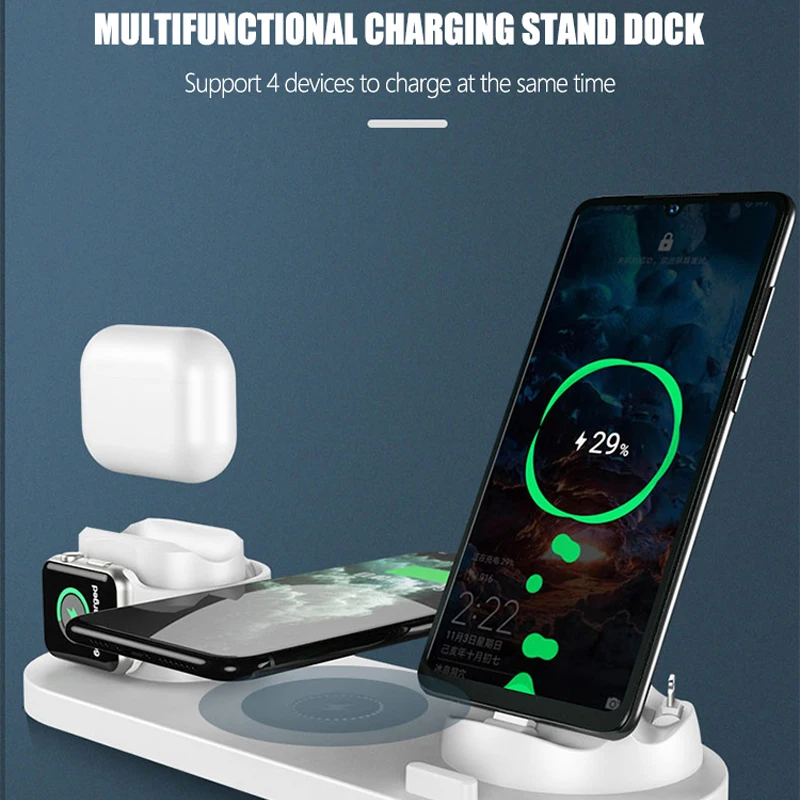 6 in1 10W Wireless Charger Stand Dock for iPhone 11 Pro Xs Max 8 X Fast Wireless Charging for Apple Watch 5 4 3 2 Airpods Pro 2