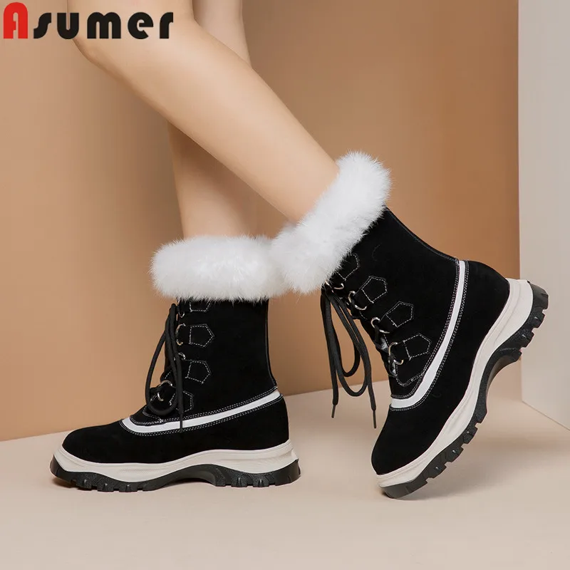 

ASUMER 2020 new suede leather winter boots lace up fur keep warm ankle boots flat platform wool snow boots big size 34-41