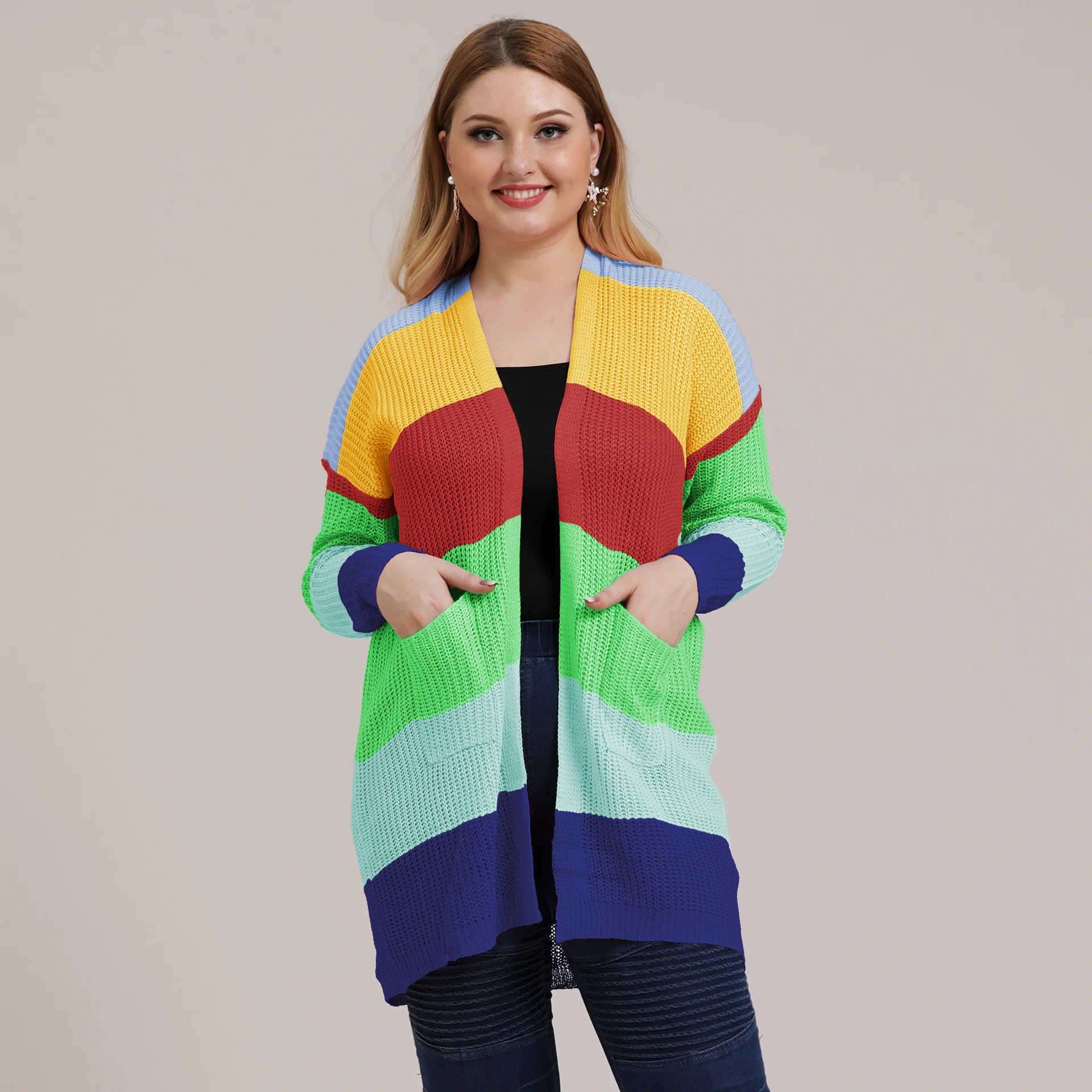 

Plus Size Women's Clothes Autumn And Winter Color Stripes Color Contrast Patchwork Woven Sweater Cardigan Coat Fashion Casual