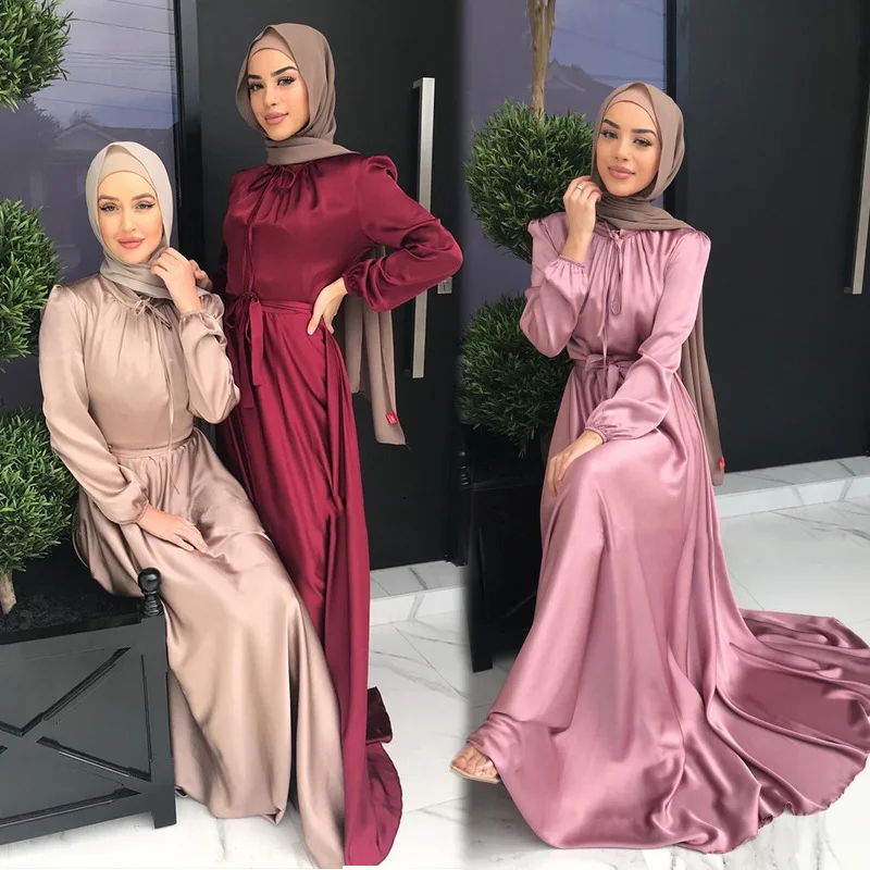 

Рамадан Eid Djellaba Abaya Дубай мягкое Шелковистое мусульманское платье атласная Abaya Дубай, Турция мусульманское платье мусульманская абайя с поясом WY108