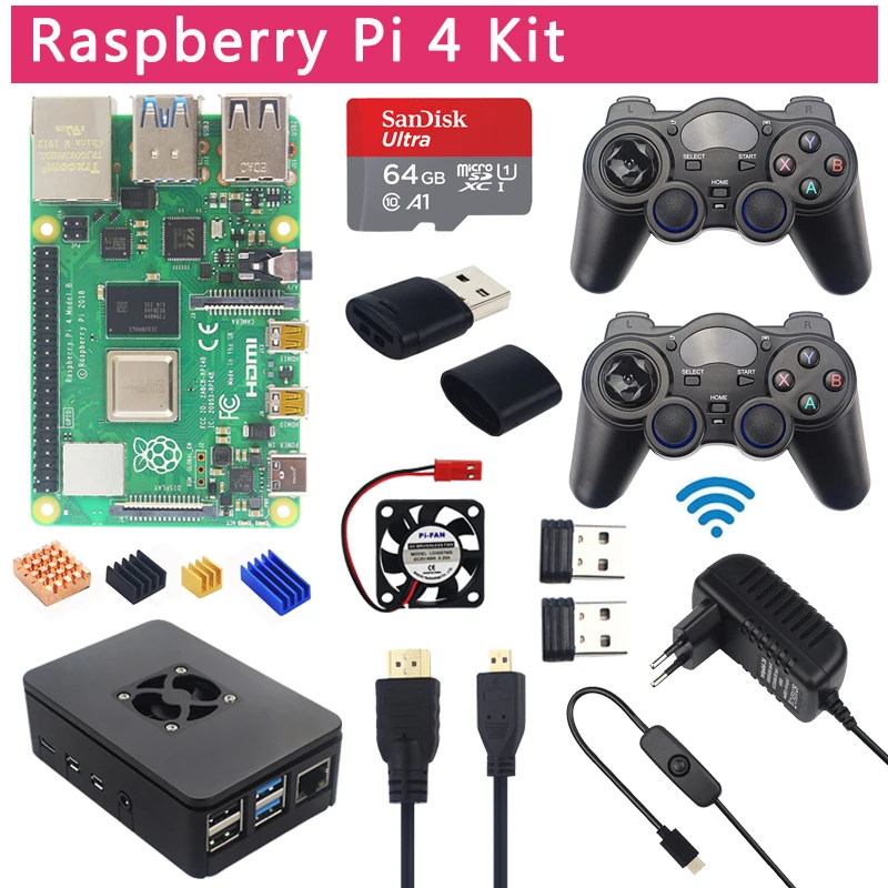 Online Raspberry Pi 4 Modell B Spiel Kit + 2,4 Ghz Drahtlose Gamepads + 64G 32G SD Karte + ABS Fall + Schalter Netzteil + Fan + HDMI Kabel